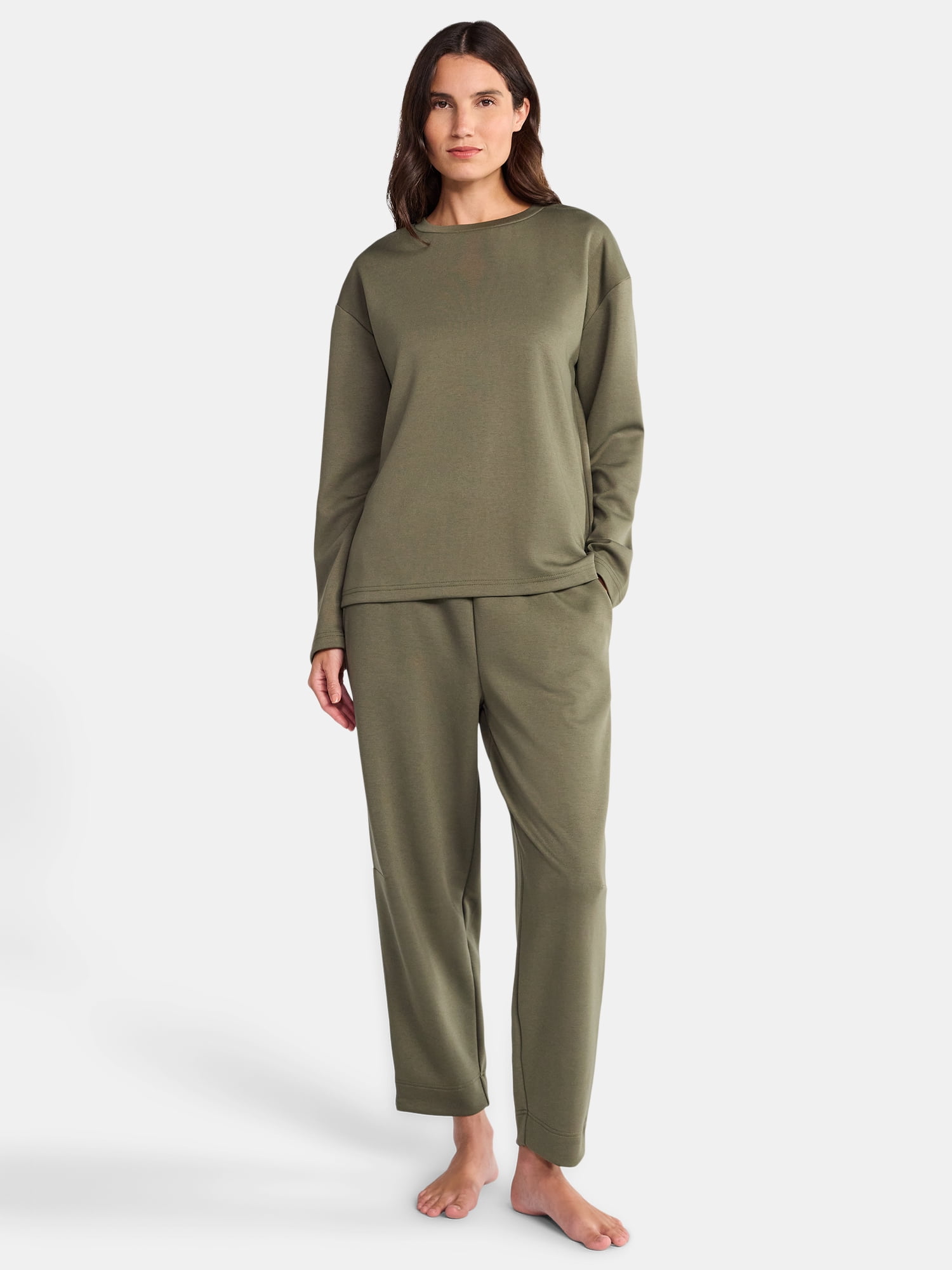 Lissome Women’s Luxe Scubaknit Long Sleeve Drop Shoulder Top and barrel leg pant Lounge Set, 2-piece Set , Sizes S-3X