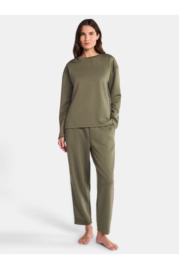 Saslax Women's Pajama Set - Long Sleeve Top & Shorts, Loungewear With Pockets, Army Green, Small