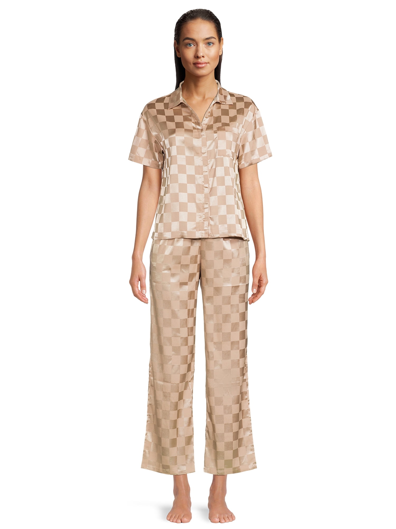Lissome Women's and Women's Plus Satin Checkered Boxy Crop Top and Pants Sleep Set, 2-Piece