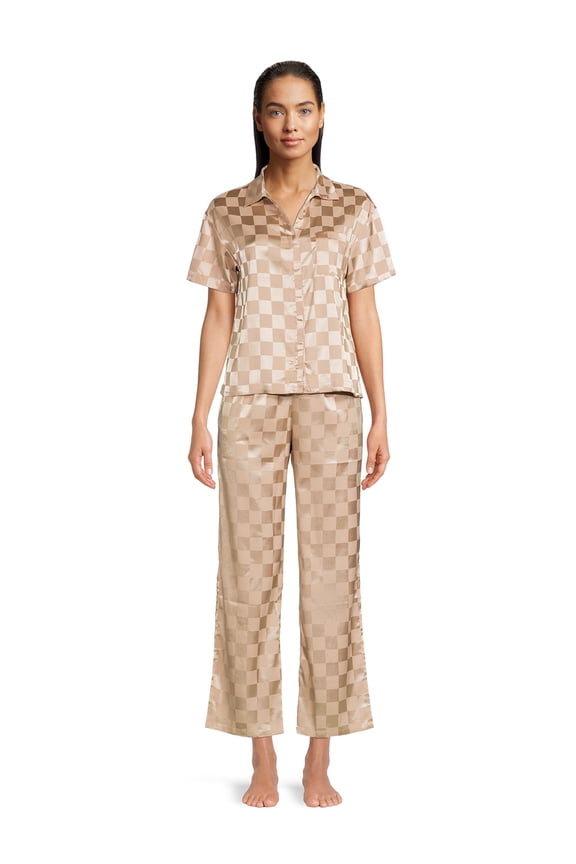 Women's and Women's Plus Satin Checkered Boxy Crop Top and Pants Sleep Set, 2-Piece