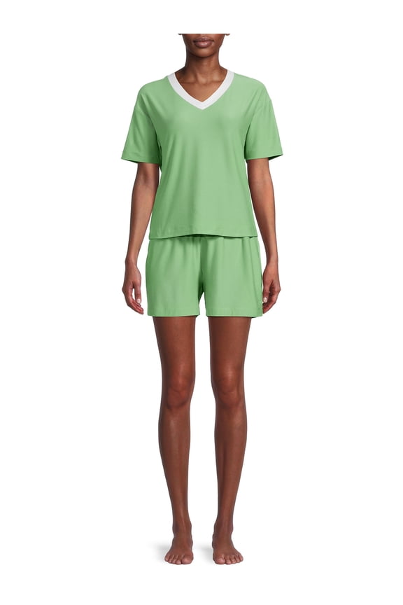 Women's and Women's Plus Short Sleeve V-Neck Top and Short Set, 2-Piece