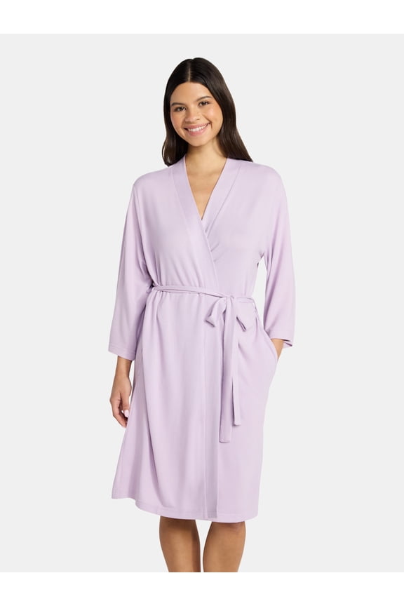 Women's Ultra Soft Stretchy Knit Belted Wrap Robe, Sizes S-3X
