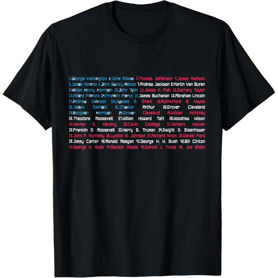 List 46 US Presidents of the United States Fun History Flag T-ShirtMen's and women's gift, black and white T-shirt, size: Extra large S-4XL
