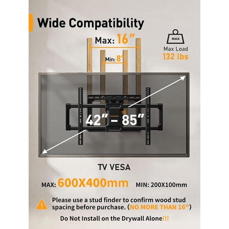 Listed Full Motion TV Wall Mount for 42-85 inch TVs up to 132 lbs