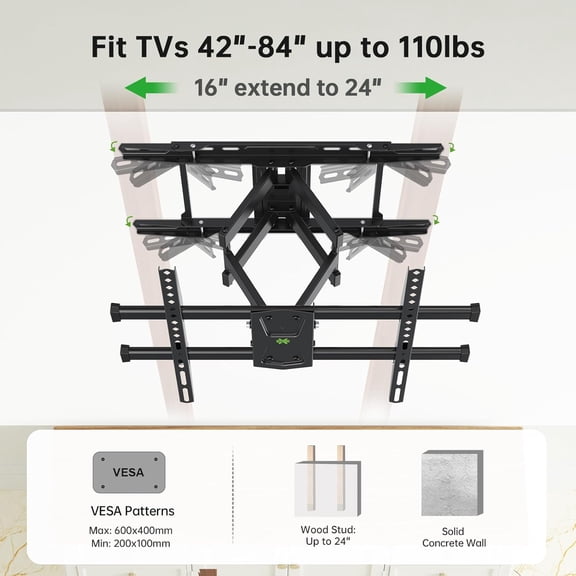 Listed TV Wall Mount for 42"-84" TVs up to 110lbs and 8"-24" Wood Studs, TV Mount with Tilt, Swivel & Extension, Wall Mounts Bracket with Dual Articulating Arms, Max VESA 600x400mm