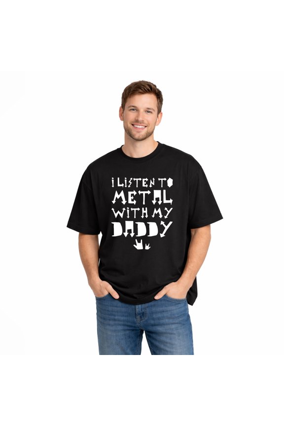 Listen Metal With Daddy Father Son Matching Shirts 100% Cotton Family Graphic T-Shirt Set Soft Breathable Short Sleeve Crewneck Casual Comfortable Dad and Kids Everyday Wear Gift