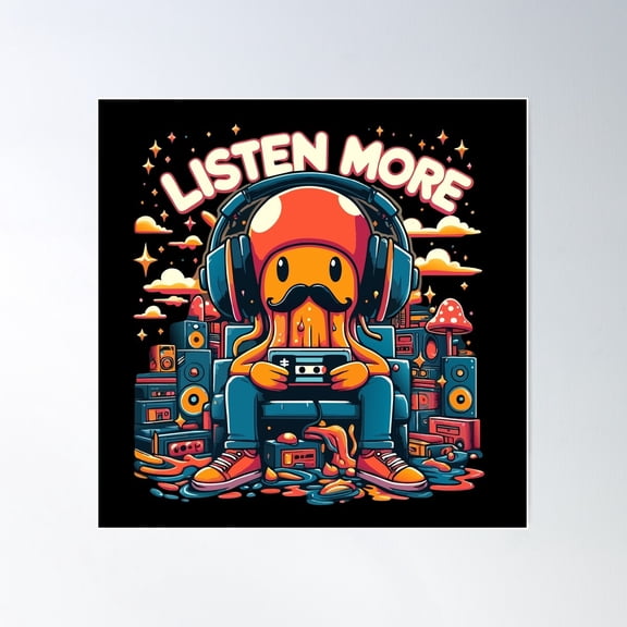 Listen More: Retro Music Octopus Poster Wall Art, Modern Wall Decor For Living Room Bedroom, 16X16 UNFRAMED