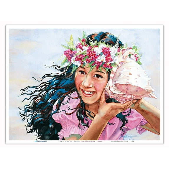 Listen to the Sea (E Hoʻolohe I Ke Kai) - Hawaiian Conch Shell - From an Original Watercolor Painting by Janet Stewart - Master Art Print (Unframed) 9in x 12in