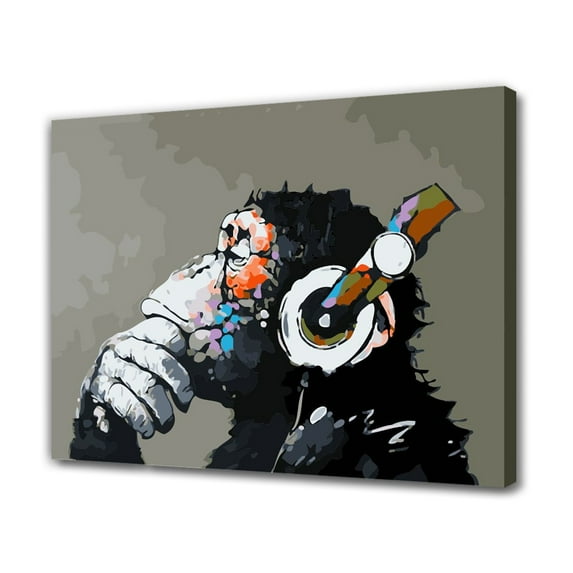 Listen to Music Monkey Oil Painting Canvas Poster Bedroom Decor Sports Landscape Office Room Decor Gift,Frame-style,16x24inch(40x60cm)