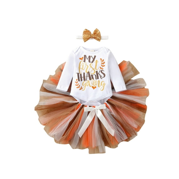 Listenwind 3Pcs Newborn Baby Girl My 1st Thanksgiving Outfits Set Long Sleeve Romper Mesh Skirt Headband Clothes