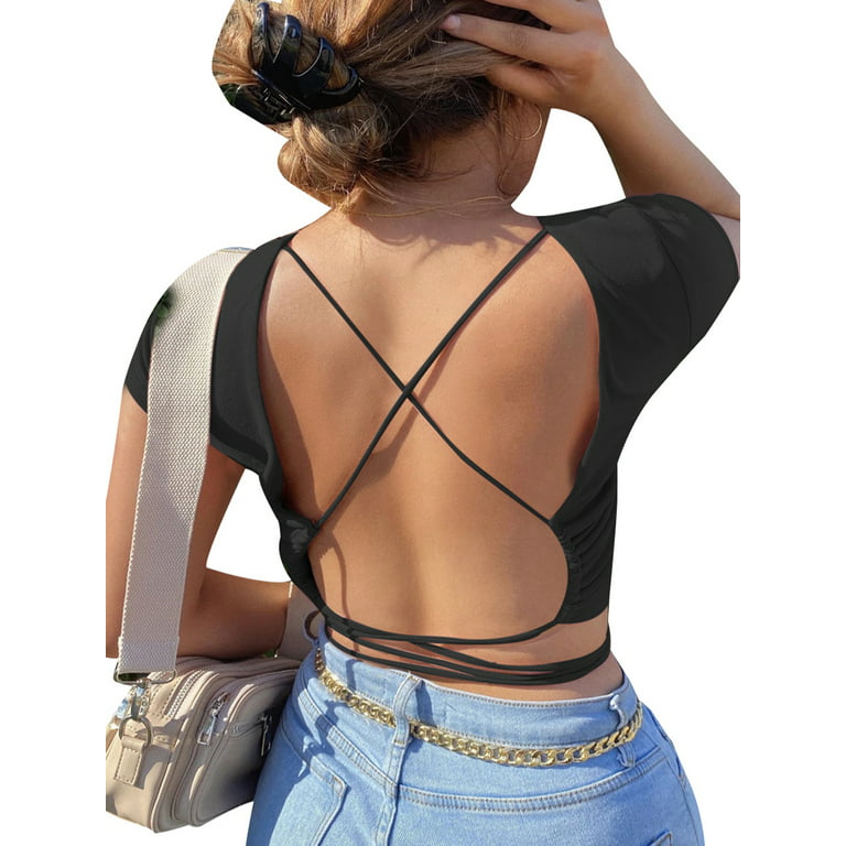 Listenwind Backless Shirt Sexy Women Summer Solid Lace Up T-Shirts Slim  Female Cropped Tops Streetwear Basic Tops
