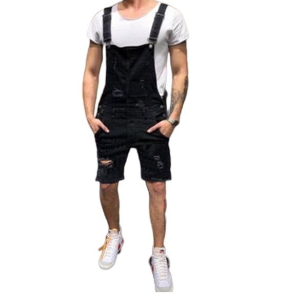 Listenwind Men Jeans Denim Pants Boys Casual Bib Jumpsuit Loose Overalls Shorts