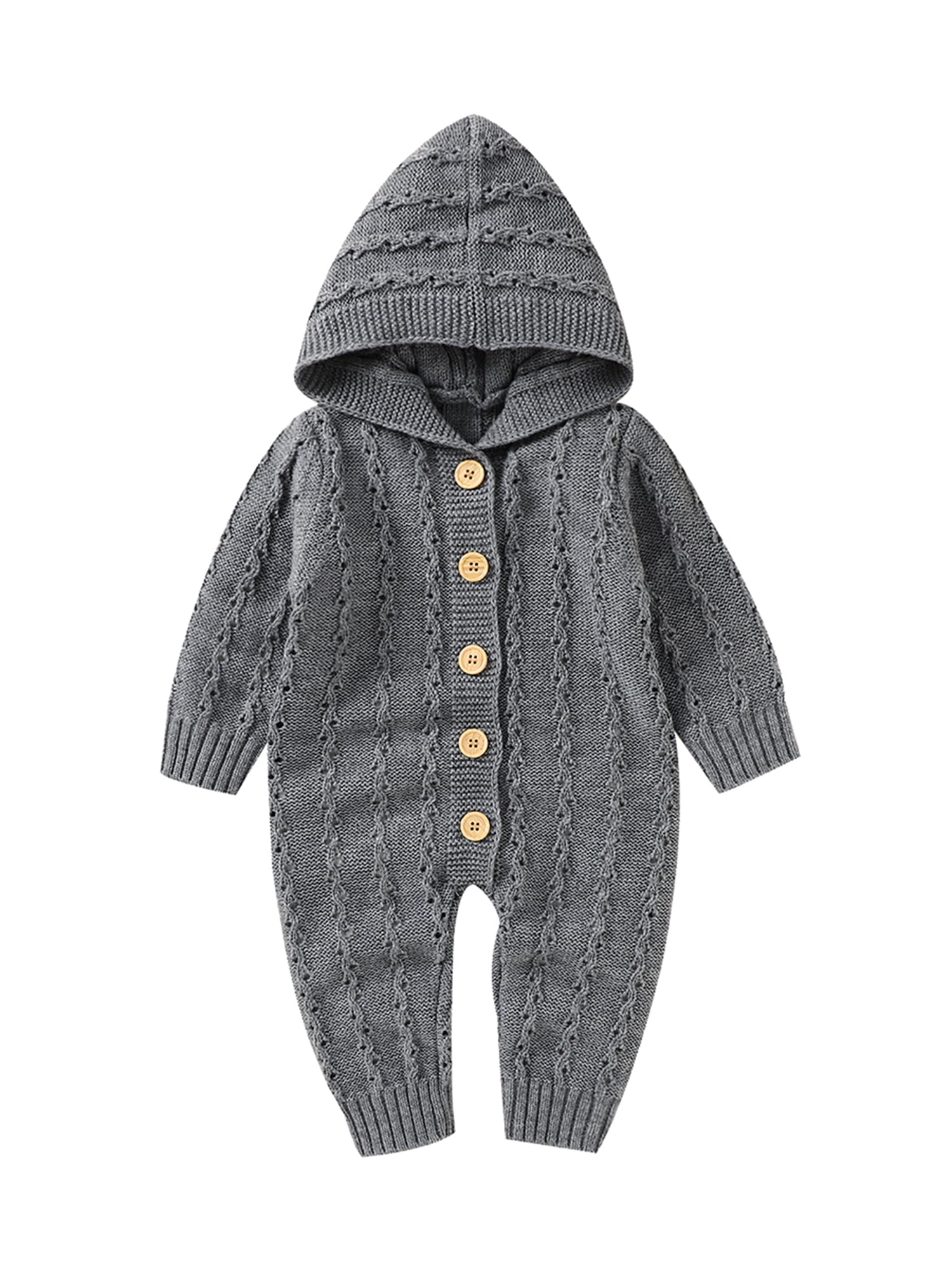 Baby Girl Solid Knitted Long-sleeve Hooded Jumpsuit
