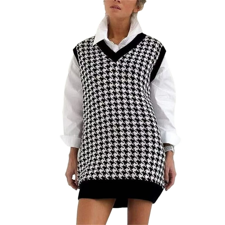 Listenwind Women Houndstooth Print Y2K Sleeveless Vest Sweater Tops V Neck Knit Pullover Waistcoat Knitwear Mini Dress Walmart