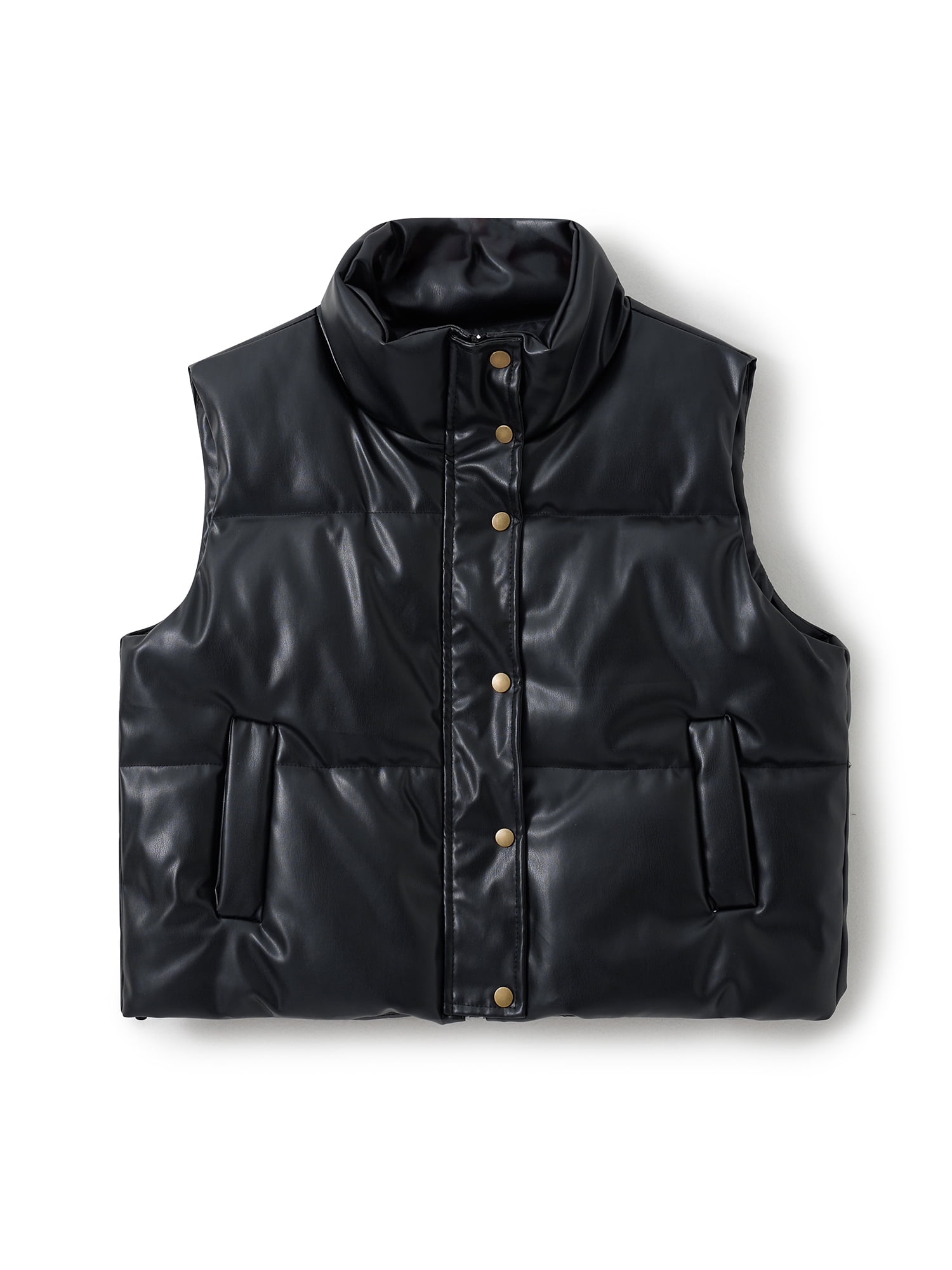Sleeveless Puffer Jacket Sleeveless Faux Leather Gilet Black