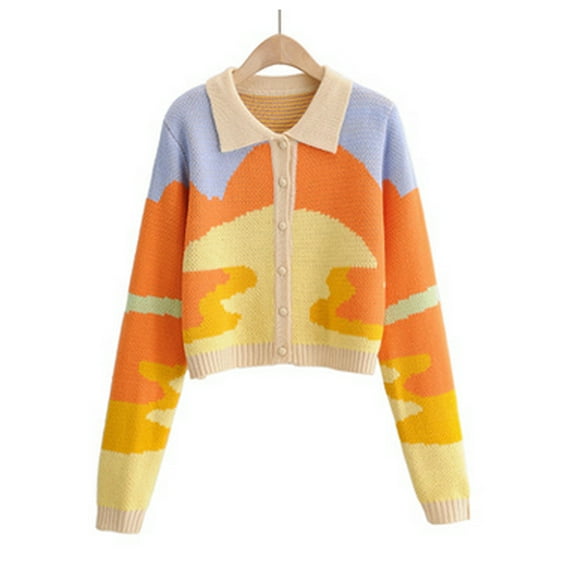 Listenwind Women's Lapel Button Down Long Sleeve Cable Knit Cardigan Sweaters Oil Painting Print Outerwear Tops