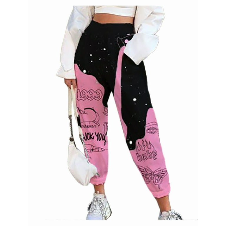 Listenwind Women s Loose Sweatpants Trendy Print Elastic Waist Color Block Jogger Pants Track Pants With Pockets