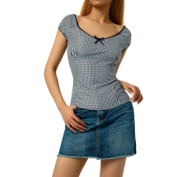 Listenwind Women's Retro Short Sleeve Plaid Print Lace Stitching V-Neck Off Shoulder Slim Fit T-Shirt Crop Top