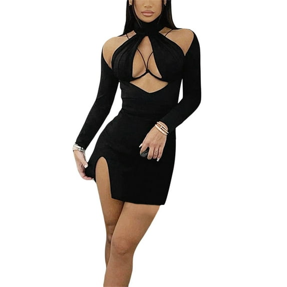 Listenwind Women's Sexy Mock Neck Bodycon Mini Dress, Long Sleeve Solid Color Hollow Out Split Hem Slim Fit Party Club Short Dress Clubwear