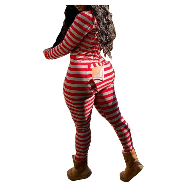 Listenwind Womens Long One Piece Pajamas With Drop Seat Butt Flap V Neck Jumpsuit Romper Jumpsuit Bodycon Bodysuit Sleepwear Loungewear