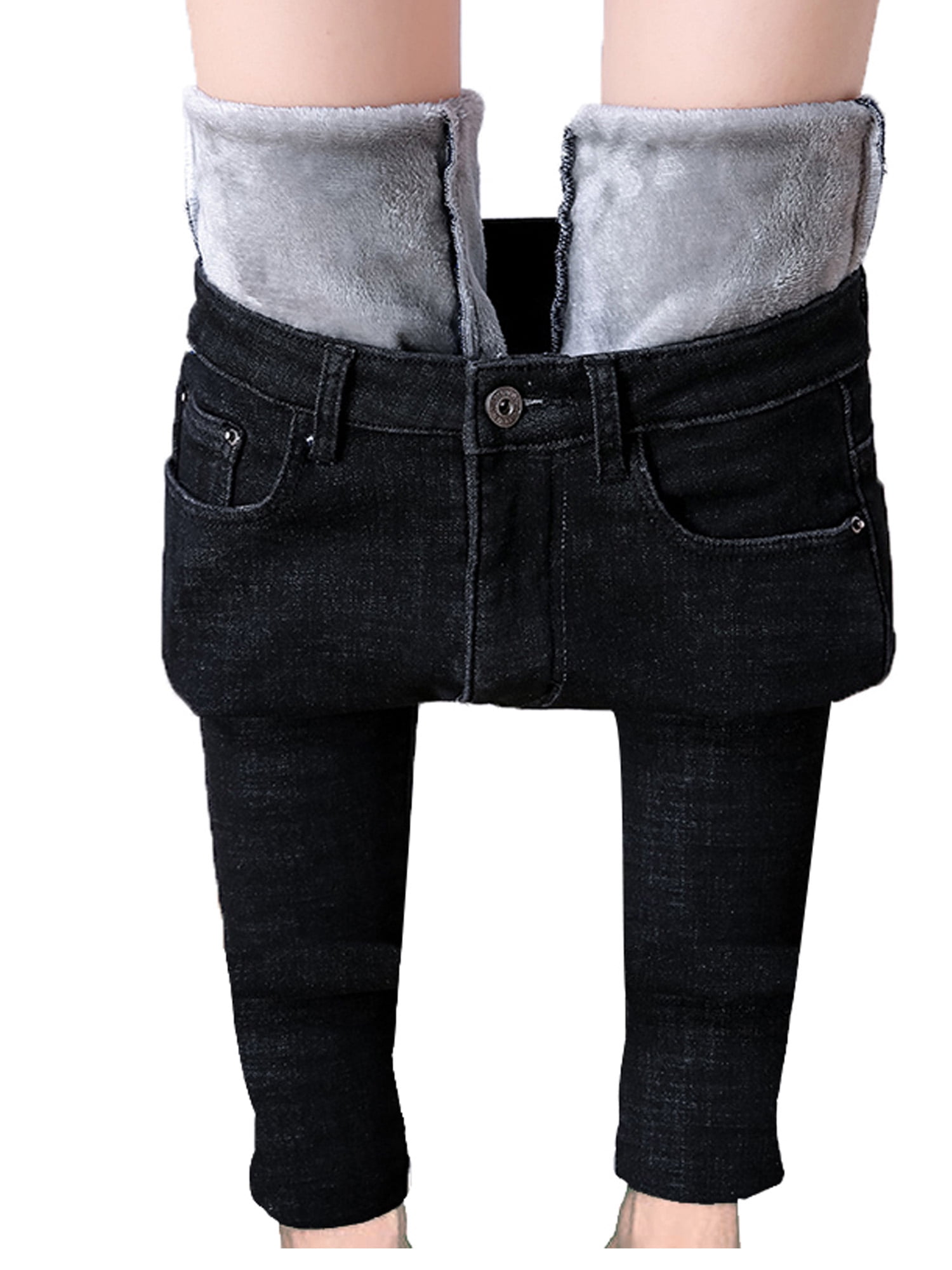 Thermal Fleece Denim Jeggings，Fake Jeans Seamless Fleece Lined