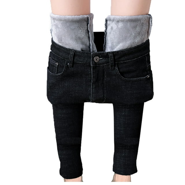 Listenwind Womens Warm Fleece Lined Jeans Stretch Skinny Winter Thick Jeggings Denim Long Pants Black