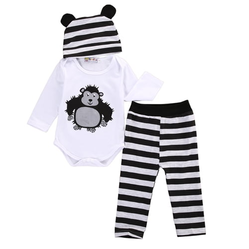 Listenwinda 3Pcs Newborn Boy Girl Long Sleeve Ladybugs Gorillas Rompers Striped Pants Outfit