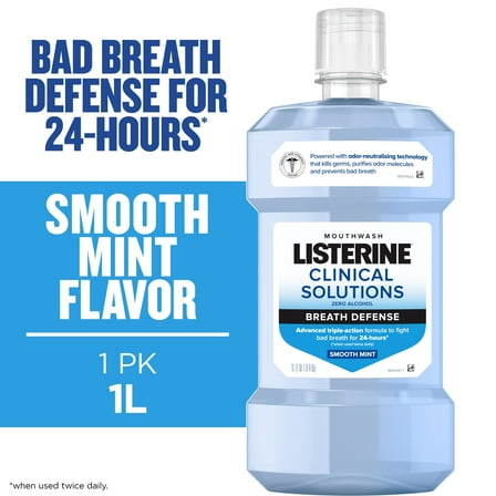 Listerine Breath Defense Alcohol-Free Mouthwash Oral Care, Smooth Mint, 1 L