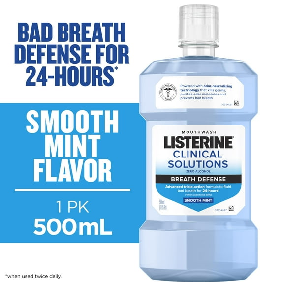 Listerine Breath Defense Alcohol-Free Mouthwash Oral Care, Smooth Mint, 500 mL