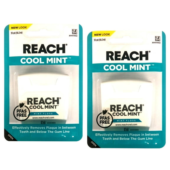 REACH Cool Mint Dental Floss, Plaque Remover for Teeth, Shred Resistant, Waxed, 55yd (Pack of 2)