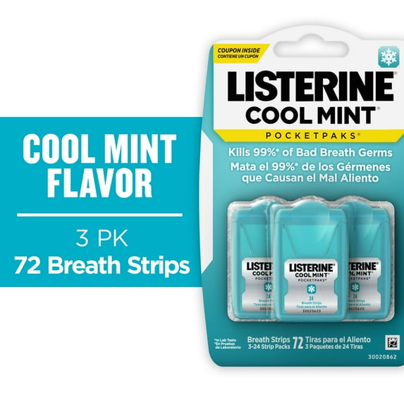 Listerine Cool Mint PocketPaks Oral Care Breath Strips, Breath Spray Strips, 24 Count, 3 Pack