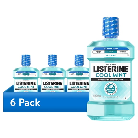 (6 pack) Listerine Cool Mint Alcohol Free Mild Oral Care Mouthwash for Bad Breath, Cool Mint Mild, 1.5 L