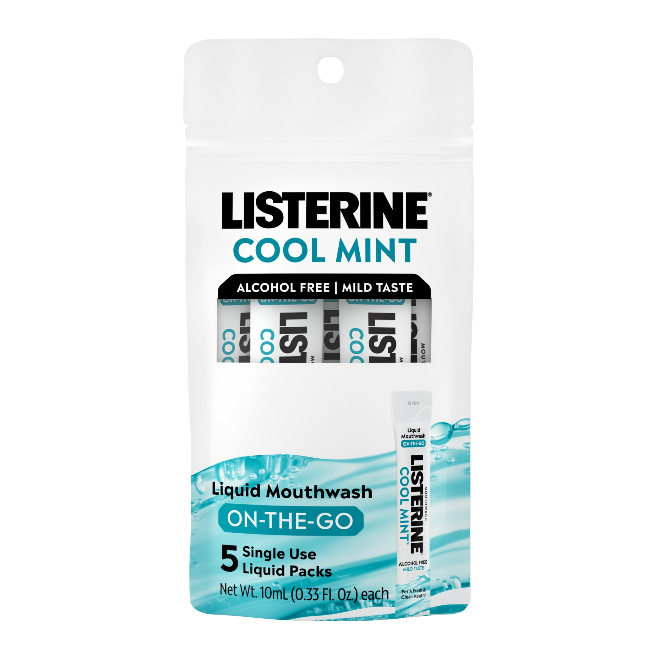 Listerine On-The-Go Cool Mint Alcohol Free Mouthwash Packets, 0.33 fl oz x 5pk