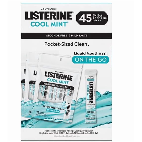 Listerine On-The-Go Cool Mint Mouthwash Sachets, Alcohol Free, 45 ct.