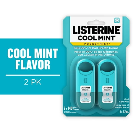 Listerine Pocketmist Cool Mint Oral Care Mist, Bad Breath Spray Strips, 2 x 7.7 ml