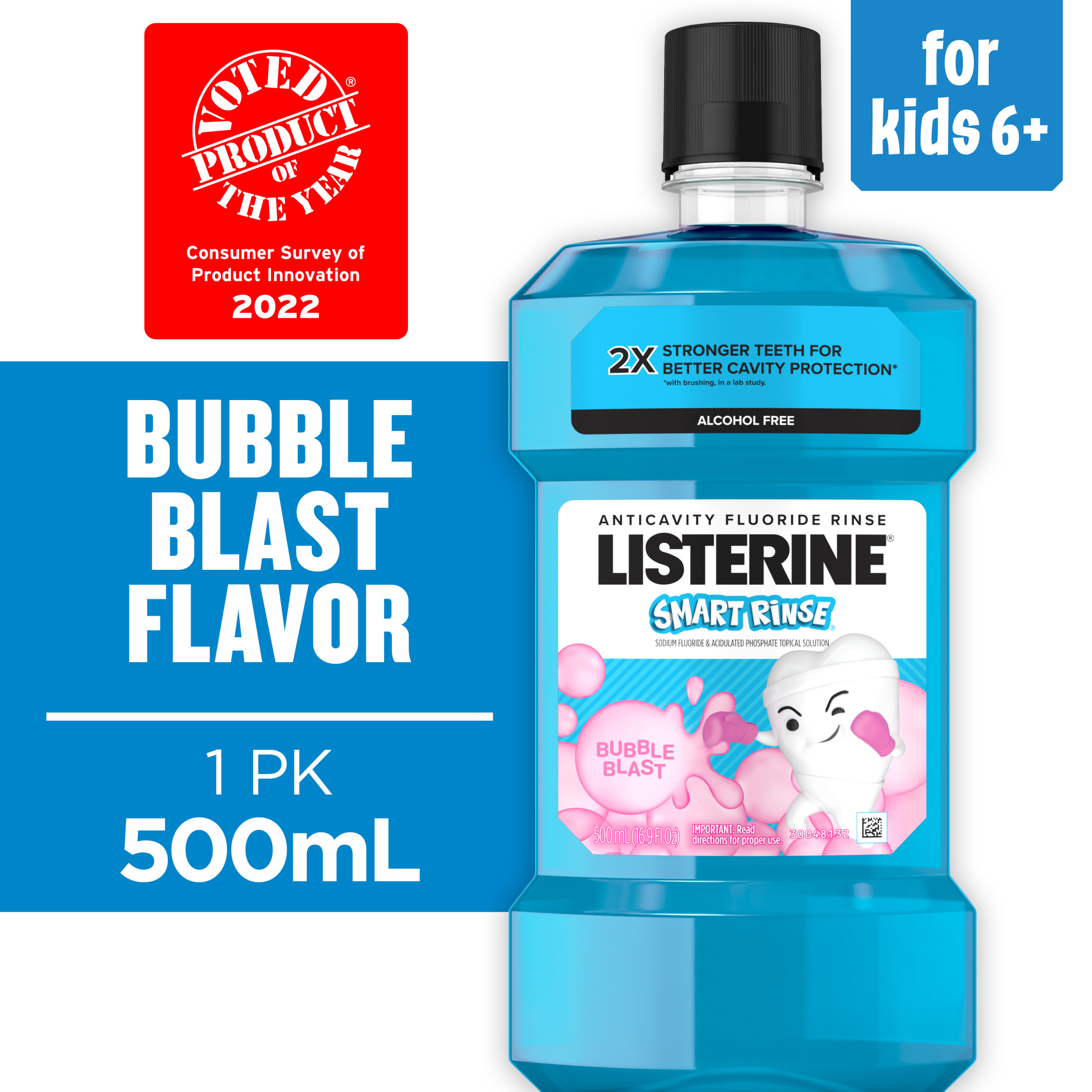 Listerine Smart Rinse Kids Anticavity Alcohol Free Mouthwash, Bubble Blast, 500 mL - image 1 of 9