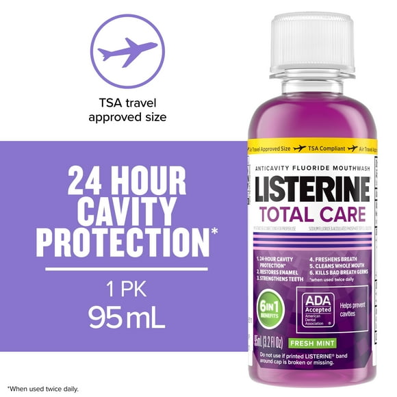 Listerine Total Care Anticavity Fluoride Travel Mouthwash, Fresh Mint, 95 mL