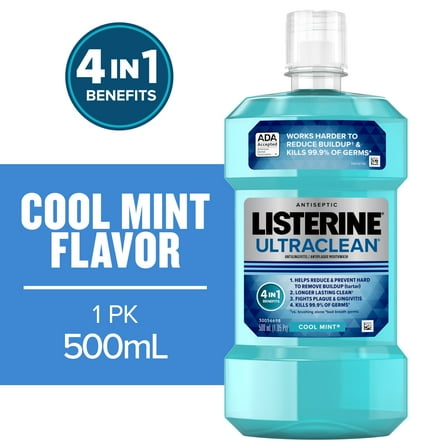 Listerine Ultraclean Antiseptic Mouthwash, Oral Care for Gingivitis, Cool Mint, 500 mL