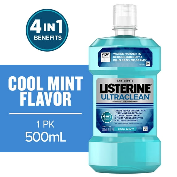 Listerine Ultraclean Antiseptic Mouthwash, Oral Care for Gingivitis, Cool Mint, 500 mL