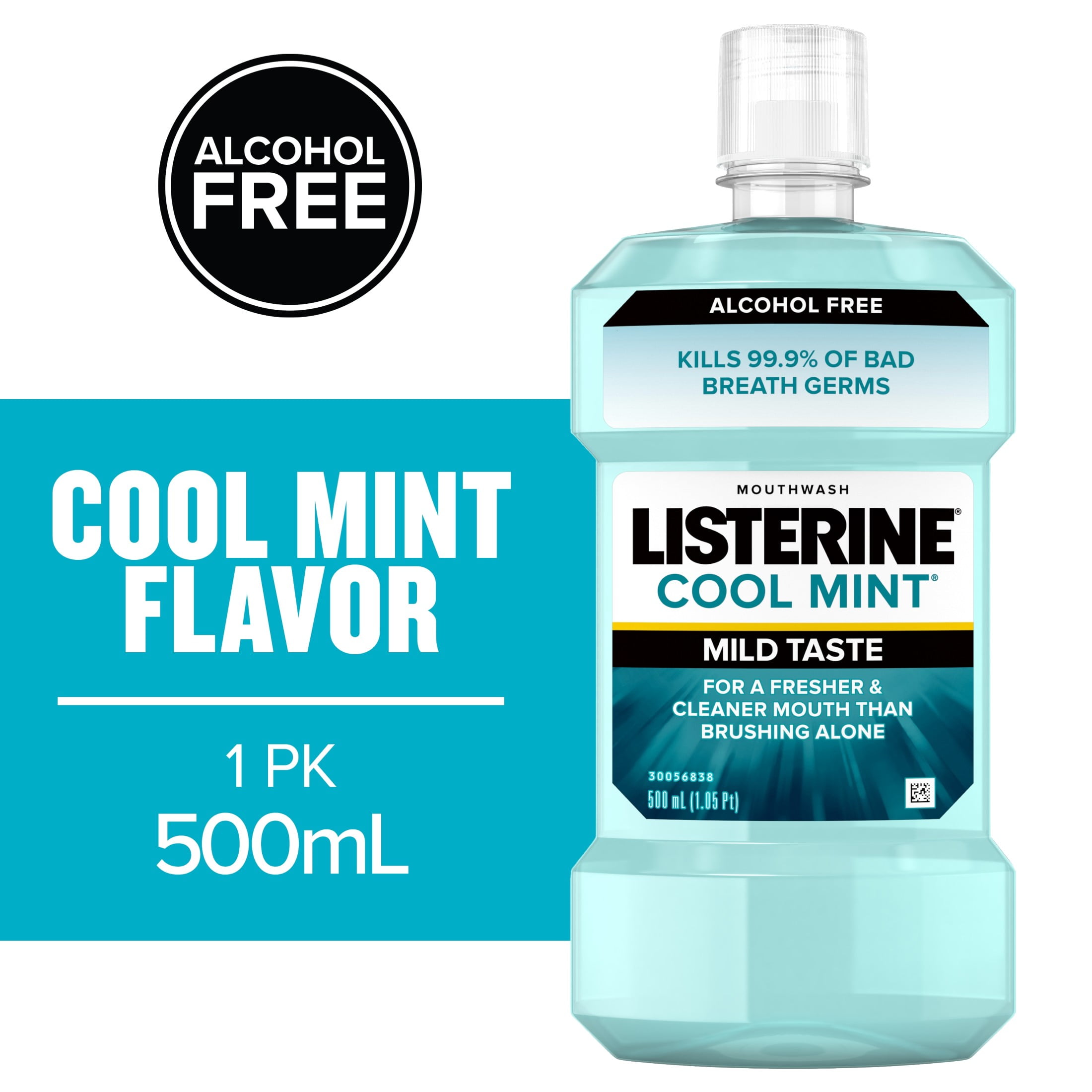 Listerine Alcohol-Free Mouthwash for Bad Breath, Cool Mint, 500 mL