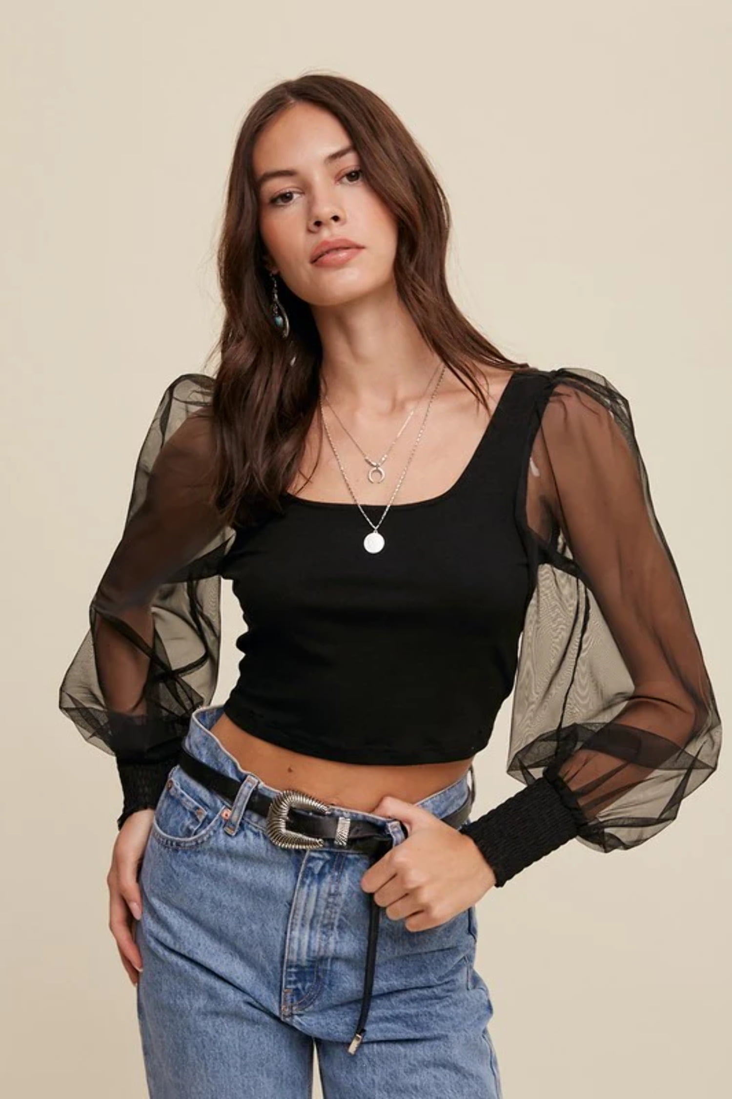 mesh balloon sleeve top