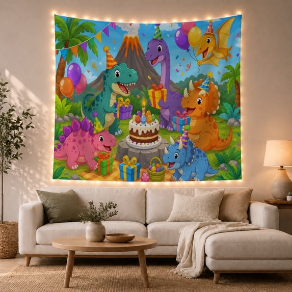 Lit Candle Celebration with Prehistoric Jungle Setting, Cozy Farmhouse for Farmhouse Decor Lovers, Wall Decor, Friendship Gift, Tapestry Wall Hanging for Dorm and Living Room