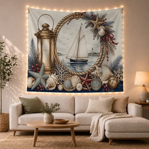 Lit Candle Cohesive with Maritime Sailboat Accents, Cozy Farmhouse for Farmhouse Decor Lovers, Aesthetic Wall Decor, Christmas Gift, Tapestry Wall Hanging for Dorm and Living Room
