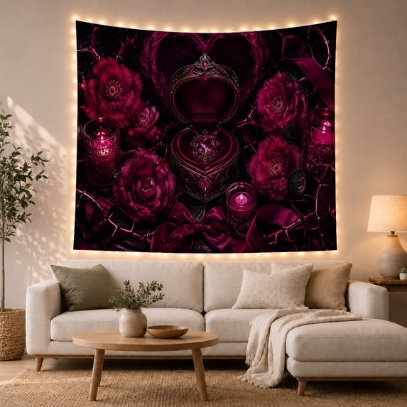 Lit Candle Ornate with Heart Shaped Jewelry Treasure, Cozy Farmhouse for Farmhouse Decor Lovers, Wall Decor, Halloween Gift, Tapestry Wall Hanging for Dorm and Living Room