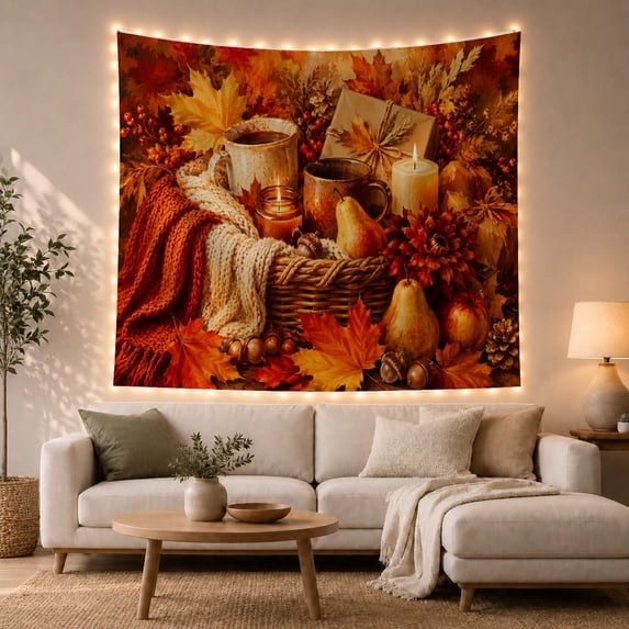 Lit Candle Showcases with Autumnal Still Life, Cozy Farmhouse for Farmhouse Decor Lovers, Aesthetic Wall Decor, Mother'S Day Gift, Tapestry Wall Hanging for Dorm and Living Room