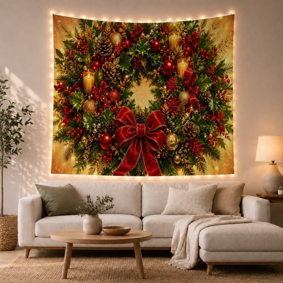 Lit Candle Traditional with Wreath Composed Holly, Cozy Farmhouse for Farmhouse Decor Lovers, Aesthetic Wall Decor, Christmas Gift, Tapestry Wall Hanging for Dorm and Living Room