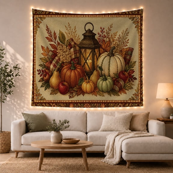 Lit Candle Turning with Harvest Still Life Arranged, Cozy Farmhouse for Farmhouse Decor Lovers, Aesthetic Wall Decor, Halloween Gift, Tapestry Wall Hanging for Dorm and Living Room
