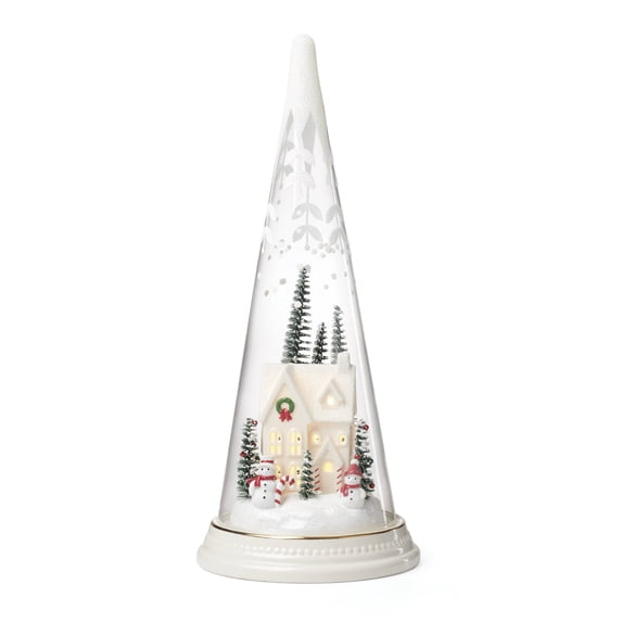 Lit Christmas Cone With Farmhouse Scene