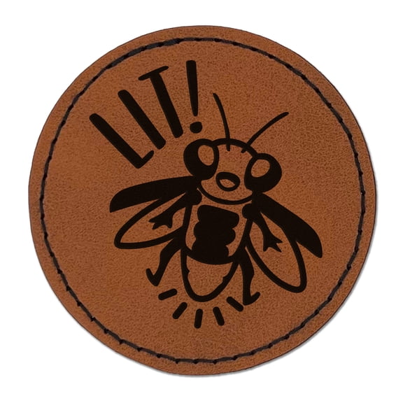 Lit Cute Firefly Insect 2.5" Faux Leather Round Engraved Iron-On Patch - Brown