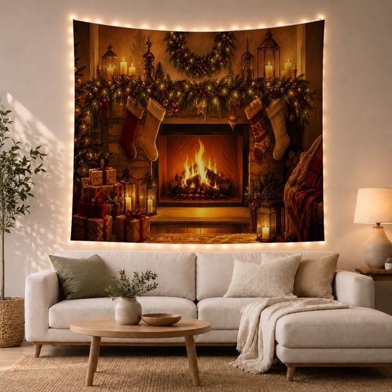 Lit Fireplace with Garland and Stockings on Stone, Cozy Rustic for Holiday Decor Enthusiasts, Traditional Festive Indoor Art, Christmas Gift Tapestry Wall Hanging for Living Room and Bedroom